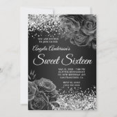 Silver Glitter Black Floral Glam Sweet Sixteen Kaart (Voorkant)