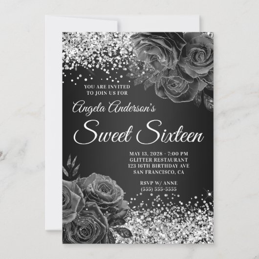 Silver Glitter Black Floral Glam Sweet Sixteen Kaart (Voorkant)