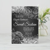 Silver Glitter Black Floral Glam Sweet Sixteen Kaart (Staand voorkant)