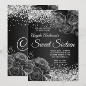 Silver Glitter Black Floral Glam Sweet Sixteen Kaart (Voorkant / Achterkant)