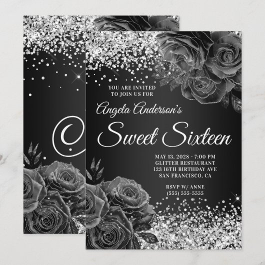 Silver Glitter Black Floral Glam Sweet Sixteen Kaart (Voorkant / Achterkant)