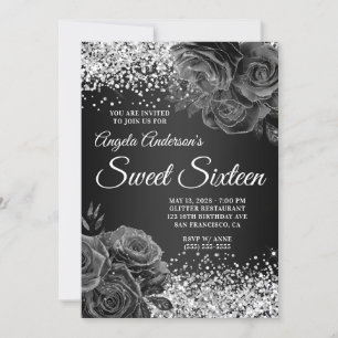 Silver Glitter Black Floral Glam Sweet Sixteen Kaart