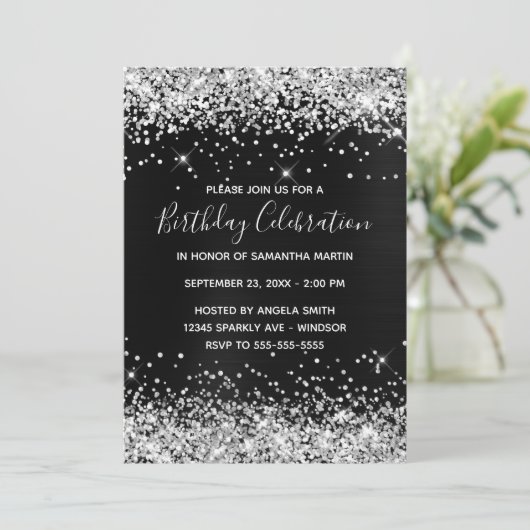 Silver Glitter Black Folie Birthday Celebration Kaart (Staand voorkant)
