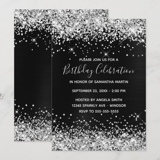 Silver Glitter Black Folie Birthday Celebration Kaart (Voorkant / Achterkant)