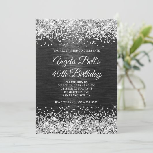 Silver Glitter Black, geborsteld Metaal 40e verjaa Kaart (Staand voorkant)