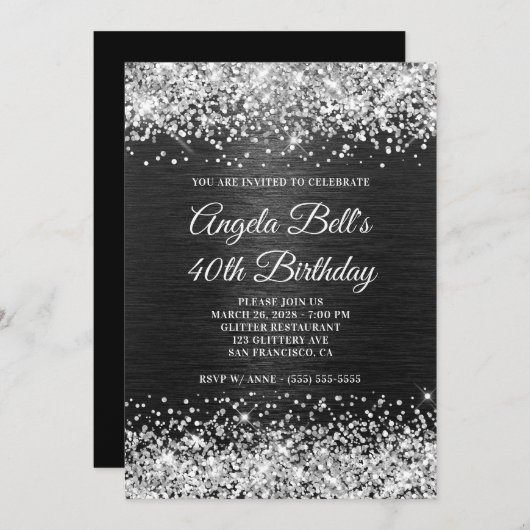 Silver Glitter Black, geborsteld Metaal 40e verjaa Kaart (Voorkant / Achterkant)
