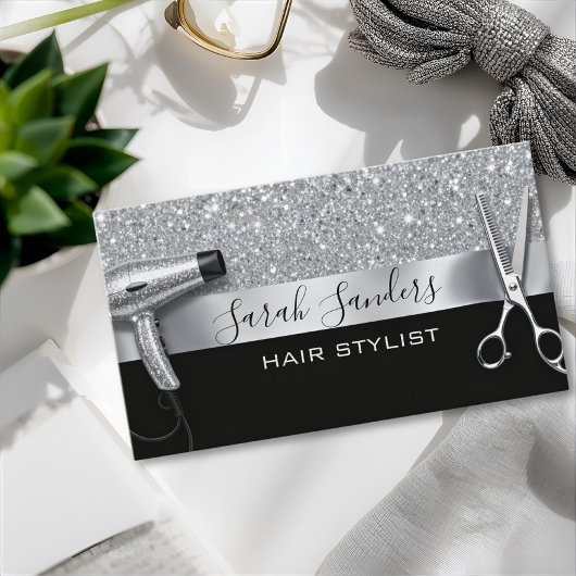 Silver Glitter & Black Glam Hair Stylist Visitekaartje