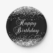 Silver Glitter Black Happy Birthday