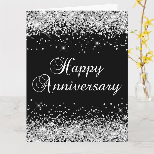 Silver Glitter Black Happy Jubileum Kaart
