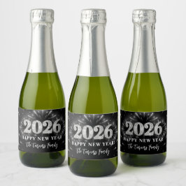 Silver Glitter Black Happy New Year 2026 Sparkling Wijnetiket