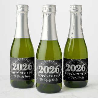 Silver Glitter Black Happy New Year 2026 Sparkling Wijnetiket