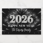 Silver Glitter Black Happy New Year 2026 Sparkling Wijnetiket (Enkel label)