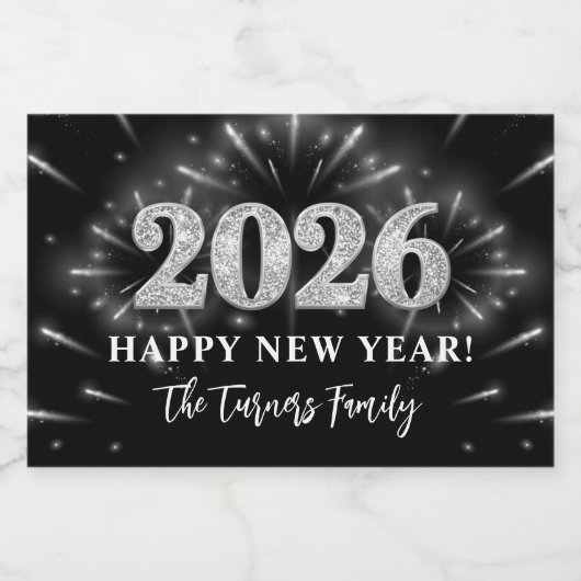 Silver Glitter Black Happy New Year 2026 Sparkling Wijnetiket (Enkel label)