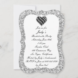 Silver Glitter Black Heart Bachelorette Party Kaart