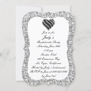 Silver Glitter Black Heart Bachelorette Party Kaart