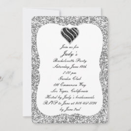 Silver Glitter Black Heart Bachelorette Party Kaart