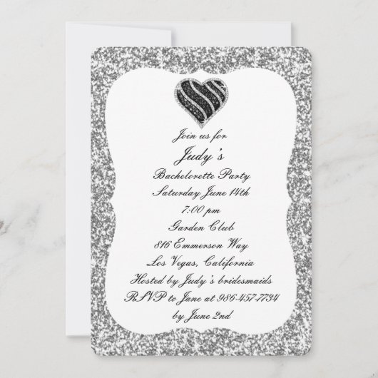 Silver Glitter Black Heart Bachelorette Party Kaart (Voorkant)