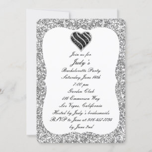 Silver Glitter Black Heart Bachelorette Party Kaart