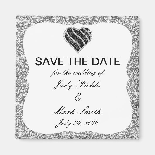 Silver Glitter Black Heart bewaart de datum magnee Magneet (Voorkant)
