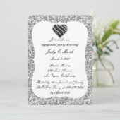 Silver Glitter Black Heart Engagement Party nodigt Kaart (Staand voorkant)