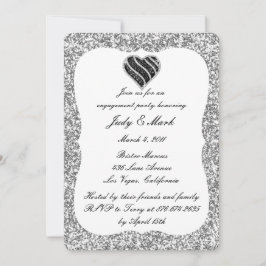 Silver Glitter Black Heart Engagement Party nodigt Kaart