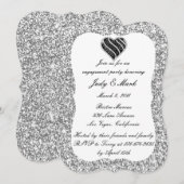 Silver Glitter Black Heart Engagement Party nodigt Kaart (Voorkant / Achterkant)