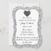 Silver Glitter Black Heart Engagement Party nodigt Kaart (Voorkant)