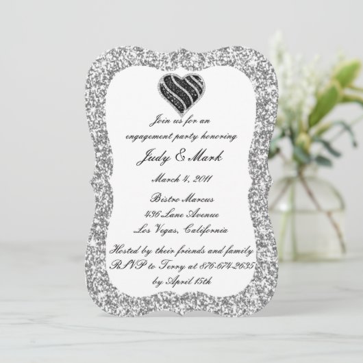 Silver Glitter Black Heart Engagement Party nodigt Kaart (Staand voorkant)