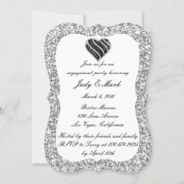 Silver Glitter Black Heart Engagement Party nodigt Kaart