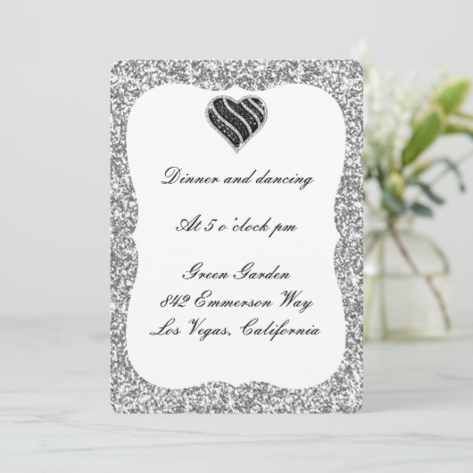 Silver Glitter Black Heart Reception Kaart (Staand voorkant)