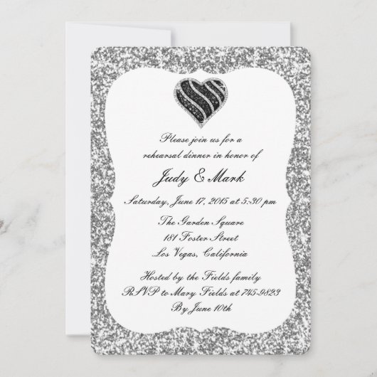 Silver Glitter Black Heart Rehearsal Dinner Invite Kaart (Voorkant)