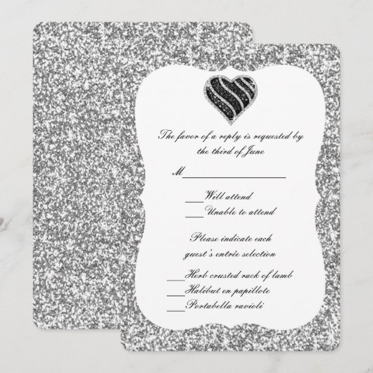 Silver Glitter Black Heart Response Kaart (Voorkant / Achterkant)