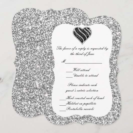 Silver Glitter Black Heart Response Kaart (Voorkant / Achterkant)