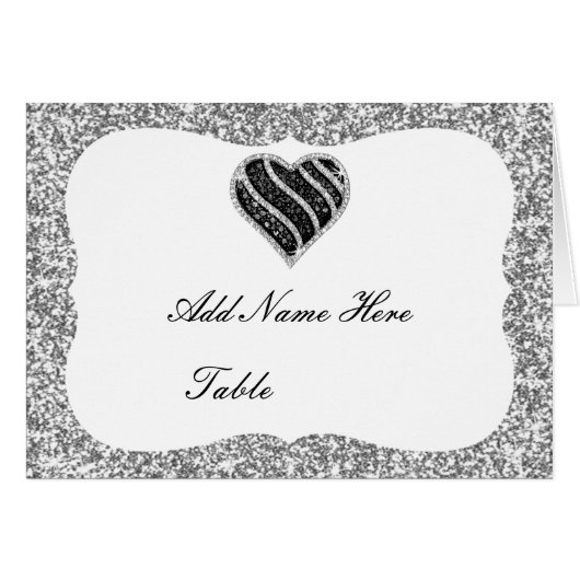 Silver Glitter Black Heart Table Place Card (Voorkant Horizontaal)