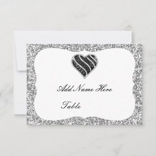 Silver Glitter Black Heart Table Place Card Kaart (Voorkant)