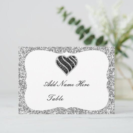 Silver Glitter Black Heart Table Place Card Kaart (Staand voorkant)