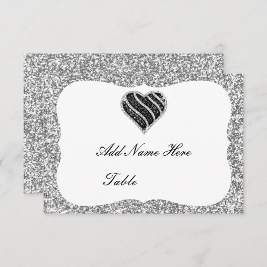 Silver Glitter Black Heart Table Place Card Kaart (Voorkant / Achterkant)