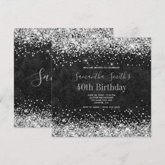 Silver Glitter Black Leather 40th Birthday Kaart (Voorkant / Achterkant)