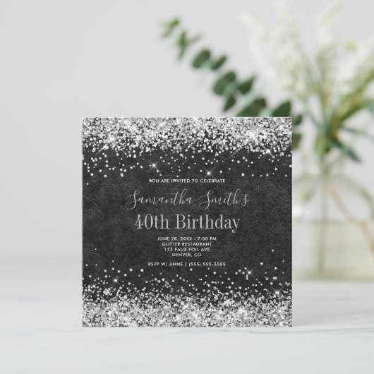 Silver Glitter Black Leather 40th Birthday Kaart (Staand voorkant)