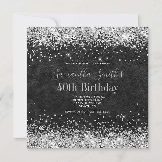 Silver Glitter Black Leather 40th Birthday Kaart (Voorkant)