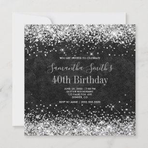 Silver Glitter Black Leather 40th Birthday Kaart