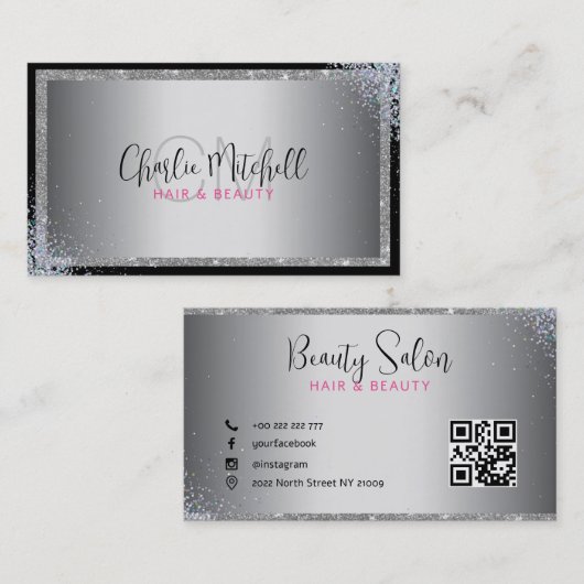 Silver Glitter Black Lijst Visitekaartje (Voorkant / Achterkant)