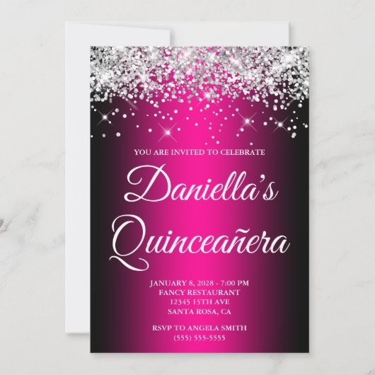 Silver Glitter Black Magenta Ombre Quinceañera Kaart (Voorkant)