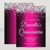 Silver Glitter Black Magenta Ombre Quinceañera Kaart (Voorkant / Achterkant)