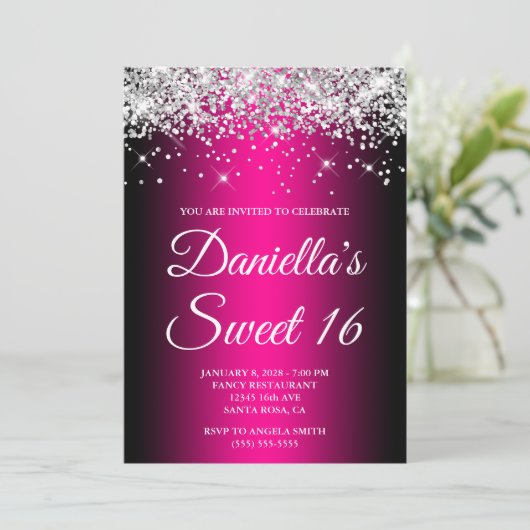 Silver Glitter Black Magenta Ombre Sweet 16 Kaart (Staand voorkant)