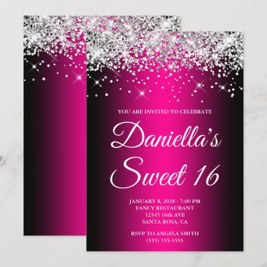 Silver Glitter Black Magenta Ombre Sweet 16 Kaart (Voorkant / Achterkant)