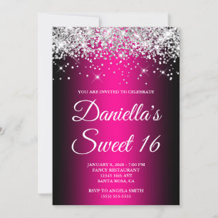 Silver Glitter Black Magenta Ombre Sweet 16 Kaart