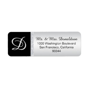 Silver Glitter Black Monogram Letter-Initiaal Etiket
