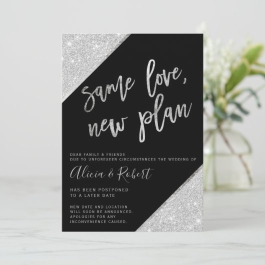 Silver glitter Black new plan uitgesteld Save The Date (Staand voorkant)