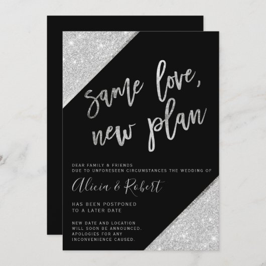 Silver glitter Black new plan uitgesteld Save The Date (Voorkant / Achterkant)
